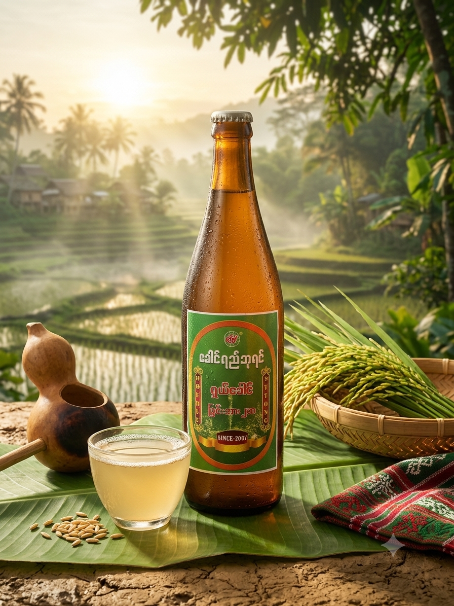 Kyaung Yee Bann classic bottle with rice field background